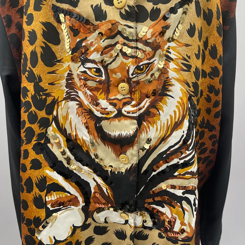 Diane Gilman Vtg Top Women L Tiger Print Silk Button Up Blouse Sequin Glam Artsy - Picture 3 of 9